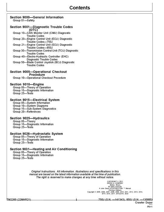 JOHN DEERE 750J 850J CRAWLER DOZER OPERATION TEST SERVICE MANUAL TM2260