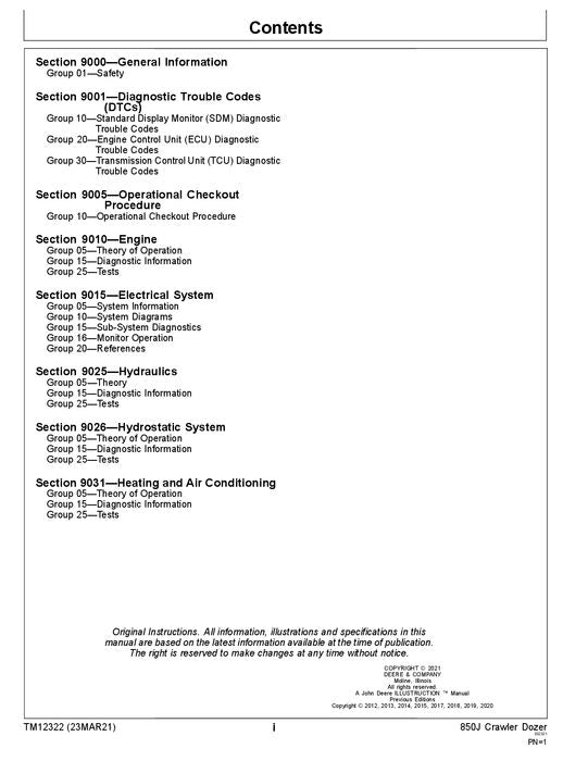 JOHN DEERE 850J CRAWLER DOZER OPERATION TEST SERVICE TECHNICAL MANUAL TM12322