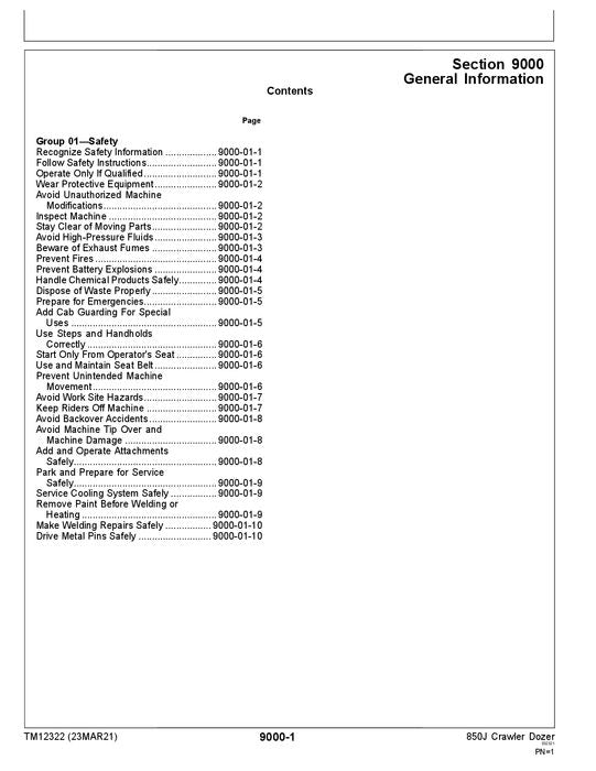 JOHN DEERE 850J CRAWLER DOZER OPERATION TEST SERVICE TECHNICAL MANUAL TM12322