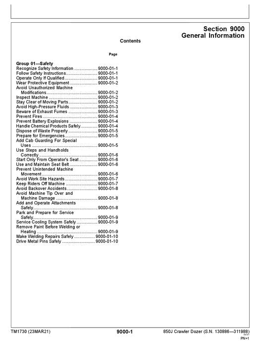 JOHN DEERE 850J CRAWLER DOZER OPERATION TEST SERVICE TECHNICAL MANUAL TM1730