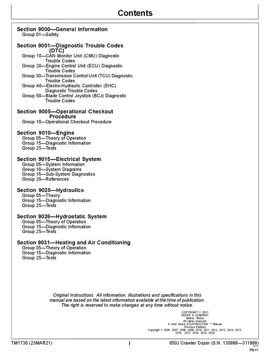 JOHN DEERE 850J CRAWLER DOZER OPERATION TEST SERVICE TECHNICAL MANUAL TM1730