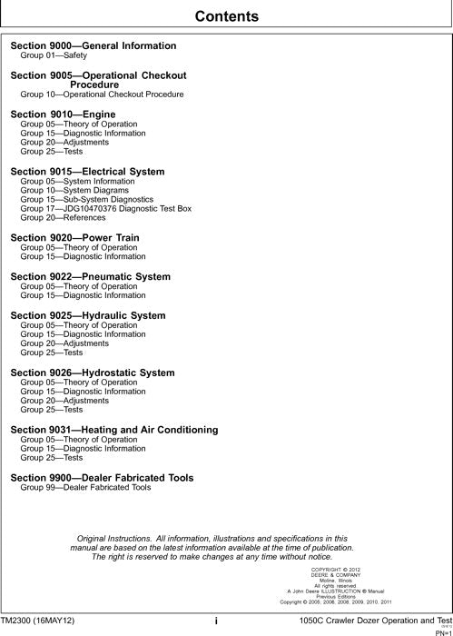 JOHN DEERE 1050C CRAWLER OPERATION TEST SERVICE  MANUAL