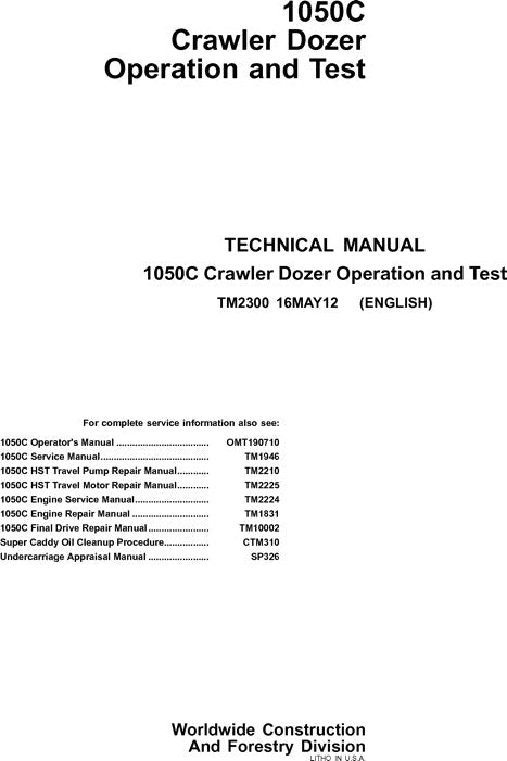 JOHN DEERE 1050C CRAWLER-BETRIEBSTEST-SERVICEHANDBUCH