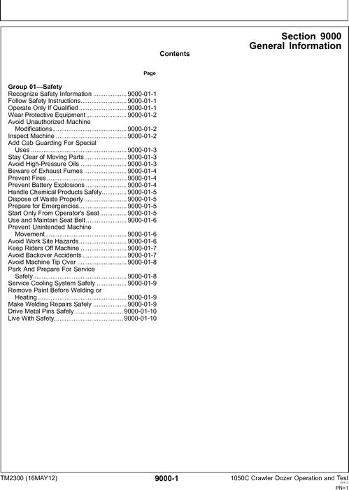 JOHN DEERE 1050C CRAWLER OPERATION TEST SERVICE  MANUAL