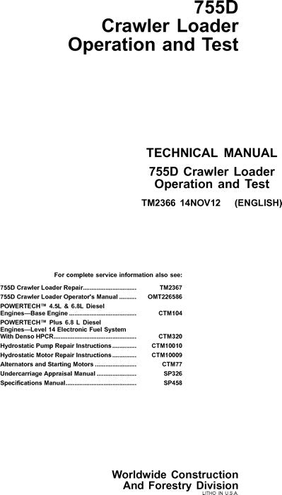 JOHN DEERE 755D CRAWLER-BETRIEBSTEST-SERVICEHANDBUCH