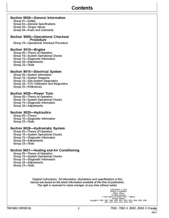 JOHN DEERE 750C 850C 750CII 850CII CRAWLER OPERATION TEST SERVICE MANUAL TM1588