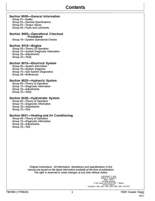 JOHN DEERE 700H CRAWLER OPERATION TEST SERVICE  MANUAL