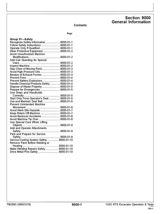 JOHN DEERE 135C RTS EXCAVATOR OPERATION TEST SERVICE MANUAL