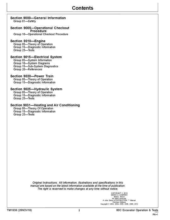 JOHN DEERE 80C EXCAVATOR OPERATION TEST SERVICE TECHNICAL MANUAL TM1938