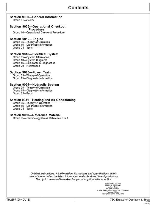 JOHN DEERE 75C EXCAVATOR OPERATION TEST SERVICE MANUAL