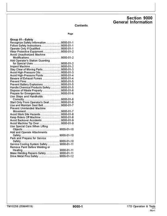 JOHN DEERE 17D EXCAVATOR OPERATION TEST SERVICE MANUAL