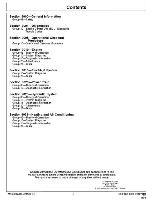 JOHN DEERE E60 E68 EXCAVATOR OPERATION TEST SERVICE MANUAL