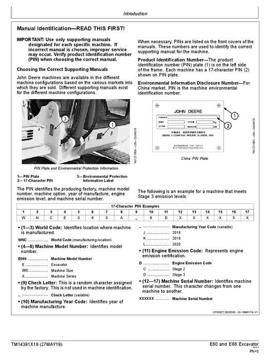 JOHN DEERE E60 E68 EXCAVATOR OPERATION TEST SERVICE MANUAL