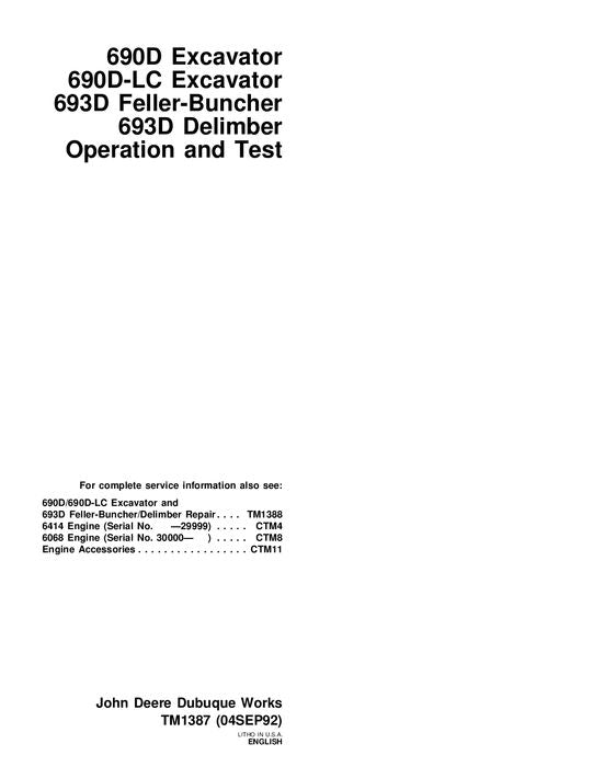 JOHN DEERE 690D 690DLC BAGGERBETRIEB TEST SERVICEHANDBUCH