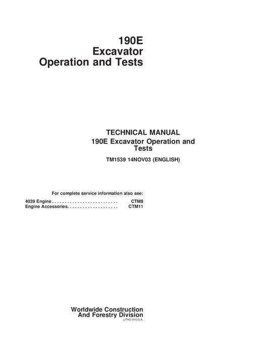 JOHN DEERE 190E EXCAVATOR OPERATION TEST SERVICE MANUAL