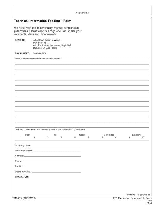 JOHN DEERE 120 EXCAVATOR OPERATION TEST SERVICE TECHNICAL MANUAL TM1659