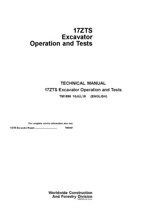 JOHN DEERE 17ZTS BAGGER-BETRIEBSTEST-SERVICEHANDBUCH