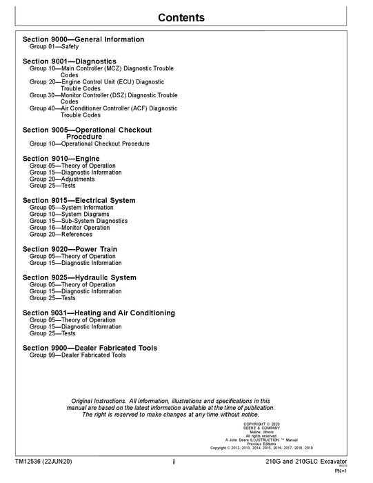 JOHN DEERE 210G 210GLC EXCAVATOR OPERATION TEST SERVICE MANUAL