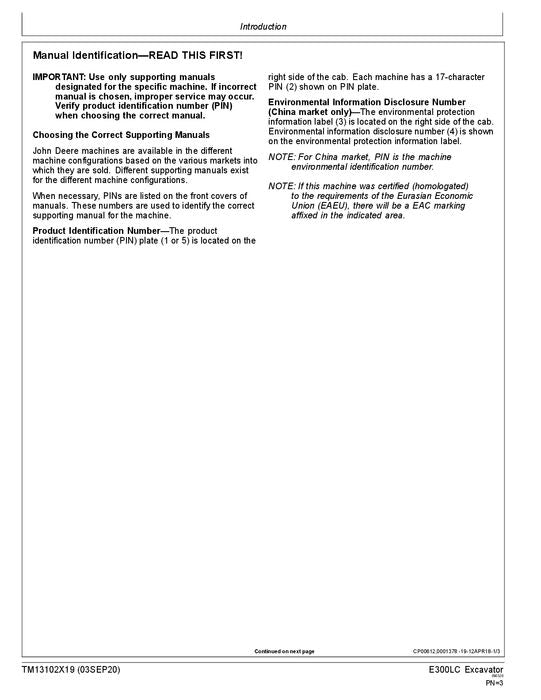 JOHN DEERE E300LC EXCAVATOR OPERATION TEST SERVICE TECHNICAL MANUAL TM13102X19