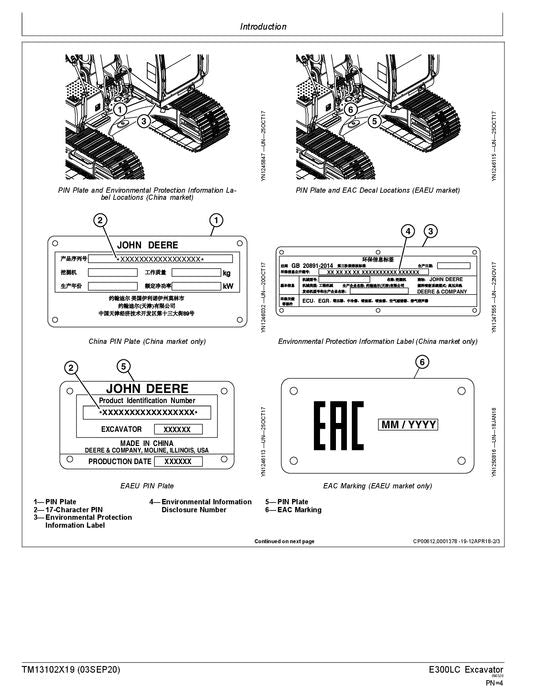 JOHN DEERE E300LC EXCAVATOR OPERATION TEST SERVICE TECHNICAL MANUAL TM13102X19