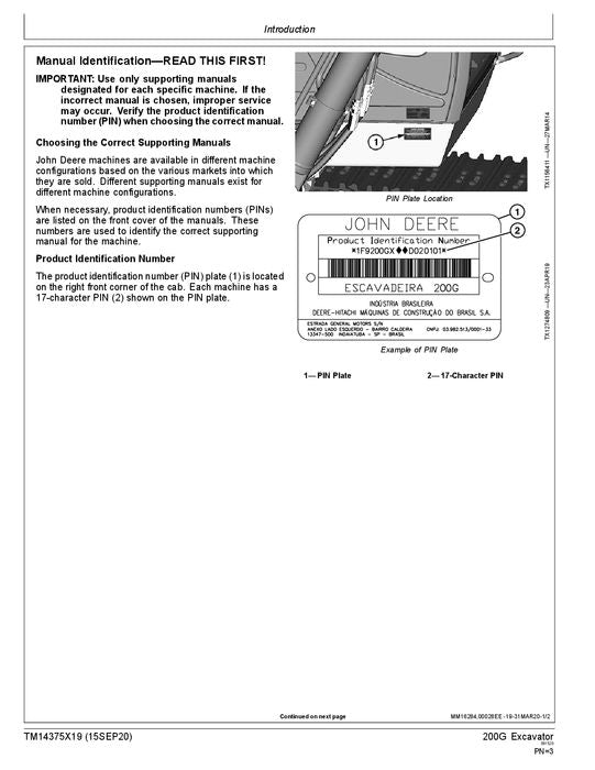 MANUEL D'ENTRETIEN ET DE TEST DE FONCTIONNEMENT DE L'EXCAVATRICE JOHN DEERE 200G Ser.D020101-