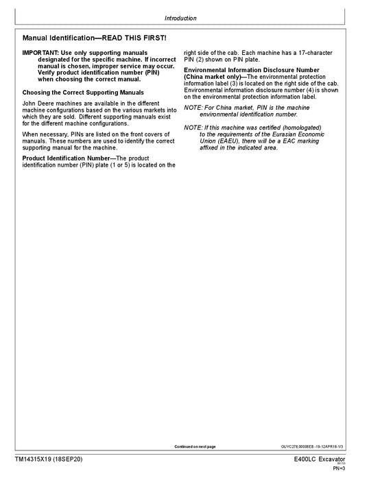 JOHN DEERE E400LC EXCAVATOR OPERATION TEST SERVICE MANUAL