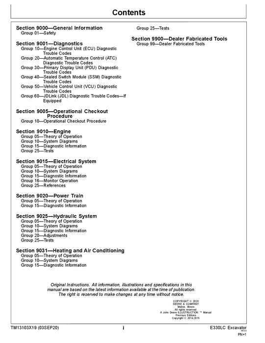 JOHN DEERE E330LC EXCAVATOR OPERATION TEST SERVICE TECHNICAL MANUAL TM13103X19