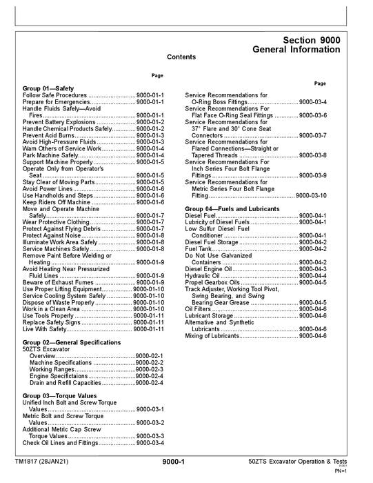 JOHN DEERE 50ZTS EXCAVATOR OPERATION TEST SERVICE MANUAL