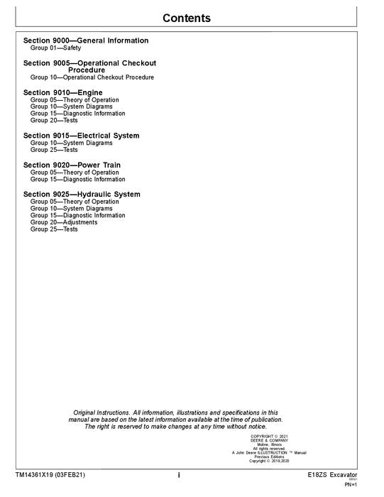 JOHN DEERE E18ZS EXCAVATOR OPERATION TEST SERVICE TECHNICAL MANUAL TM14361X19