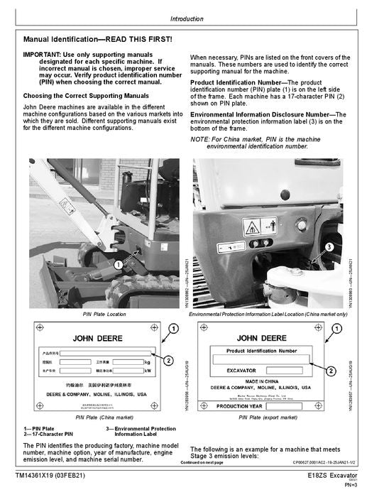 JOHN DEERE E18ZS EXCAVATOR OPERATION TEST SERVICE TECHNICAL MANUAL TM14361X19