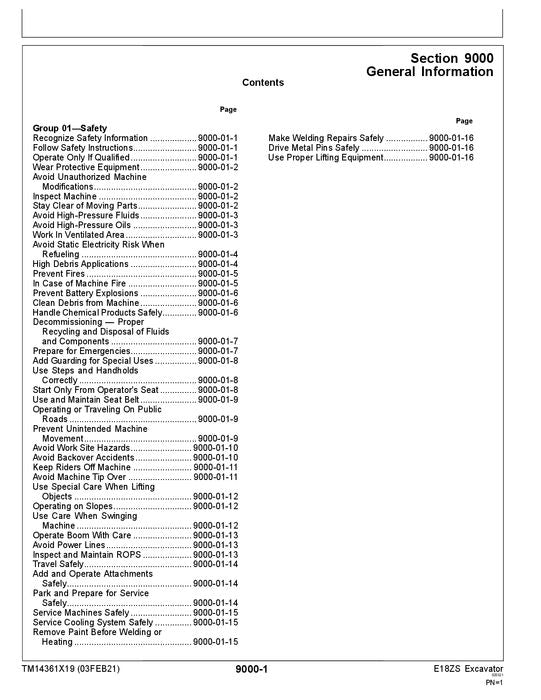 JOHN DEERE E18ZS EXCAVATOR OPERATION TEST SERVICE TECHNICAL MANUAL TM14361X19