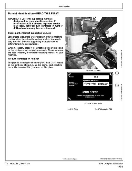 JOHN DEERE 17G EXCAVATOR OPERATION TEST SERVICE TECHNICAL MANUAL TM13325X19