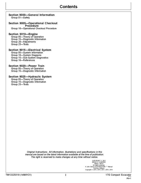 JOHN DEERE 17G EXCAVATOR OPERATION TEST SERVICE TECHNICAL MANUAL TM13325X19