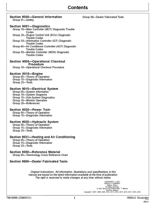 JOHN DEERE 160DLC EXCAVATOR OPERATION TEST SERVICE TECHNICAL MANUAL TM10088