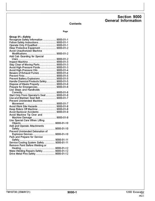 JOHN DEERE 120D EXCAVATOR OPERATION TEST SERVICE TECHNICAL MANUAL TM10736