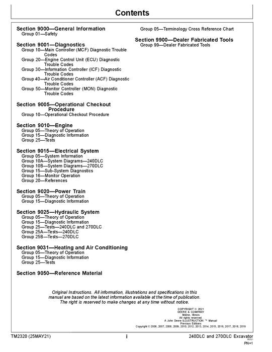 JOHN DEERE 240DLC 270DLC EXCAVATOR OPERATION TEST SERVICE MANUAL