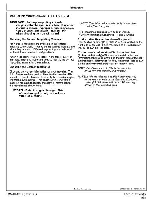 JOHN DEERE E300-II EXCAVATOR OPERATION TEST SERVICE TECHNICAL MANUAL TM14489X019