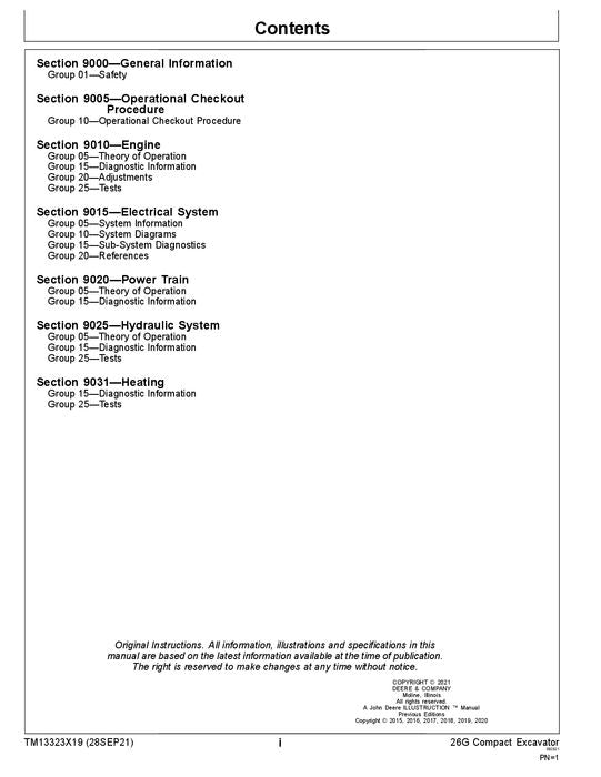 JOHN DEERE 26G EXCAVATOR OPERATION TEST SERVICE TECHNICAL MANUAL TM13323X19