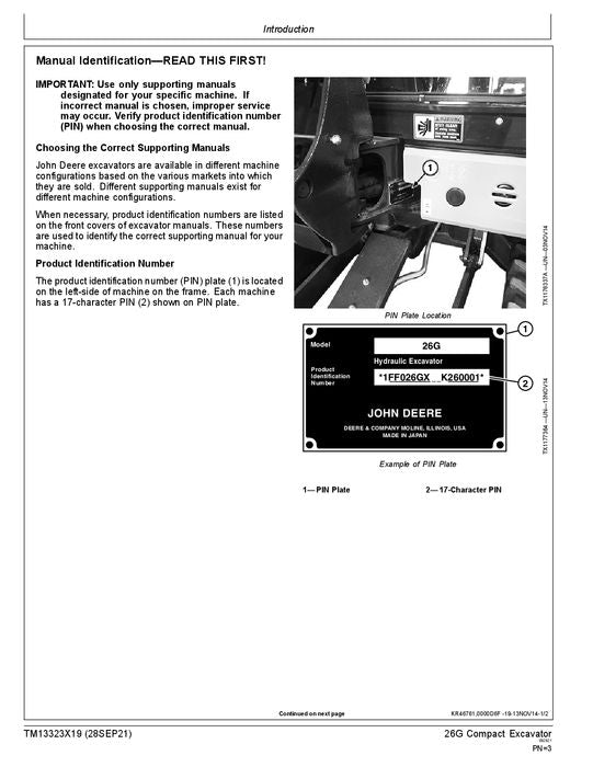 JOHN DEERE 26G EXCAVATOR OPERATION TEST SERVICE TECHNICAL MANUAL TM13323X19