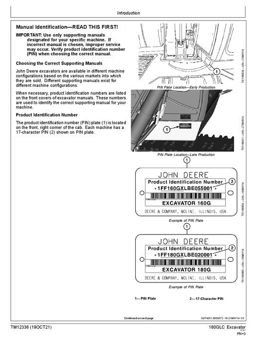 JOHN DEERE 180GLC EXCAVATOR OPERATION TEST SERVICE MANUAL 1FF180GX-E020001-