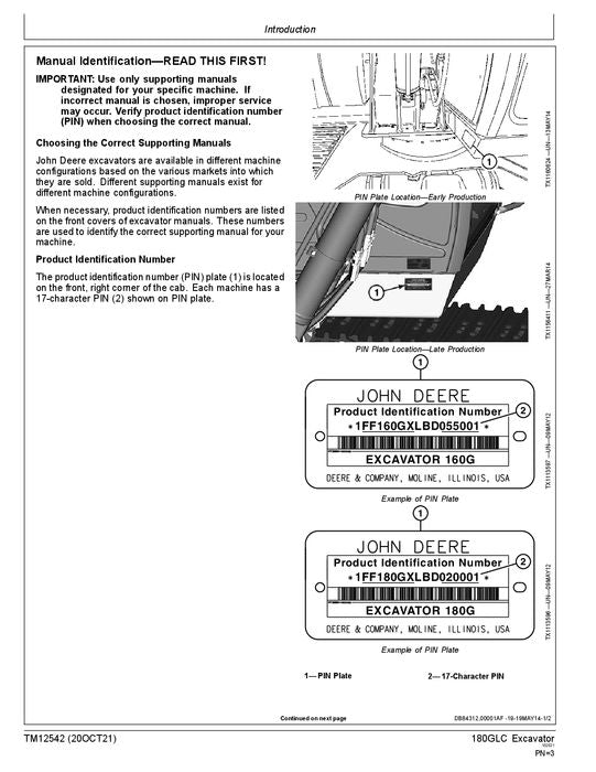 JOHN DEERE 180GLC EXCAVATOR OPERATION TEST SERVICE MANUAL 1FF180GX-D020001-