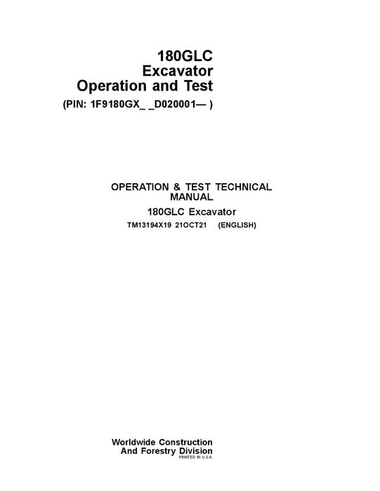 JOHN DEERE 180GLC BAGGER BETRIEB TEST SERVICEHANDBUCH 1F9180GX-D020001-