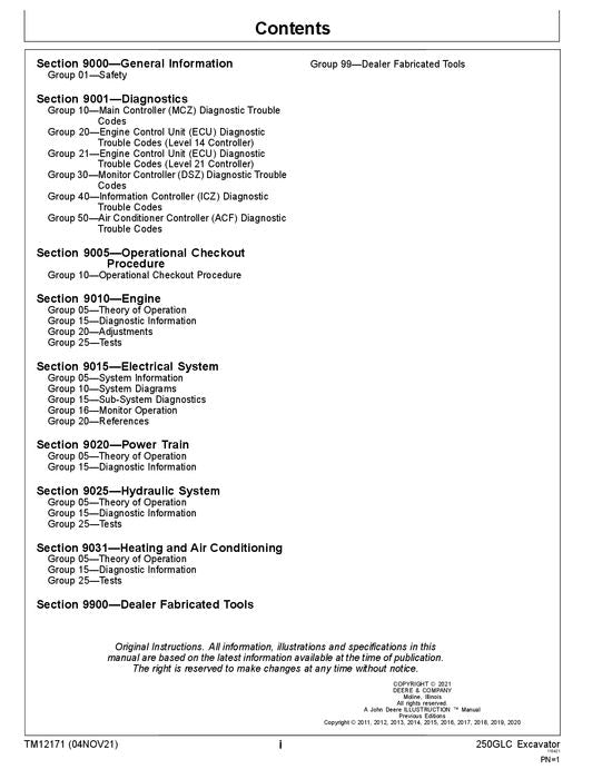 JOHN DEERE 250GLC EXCAVATOR OPERATION TEST SERVICE MANUAL E608001 -