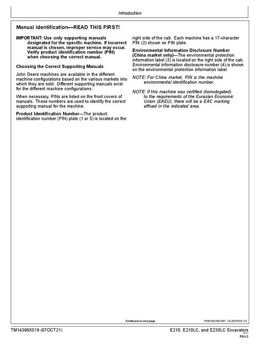 JOHN DEERE E210-II E230-II EXCAVATOR OPERATION TEST SERVICE MANUAL