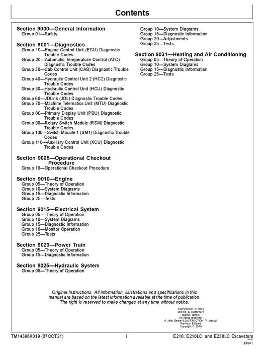 JOHN DEERE E210-II E230-II EXCAVATOR OPERATION TEST SERVICE MANUAL