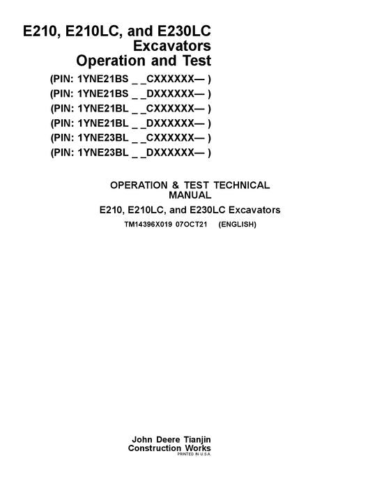 JOHN DEERE E210-II E230-II EXCAVATOR OPERATION TEST SERVICE MANUAL