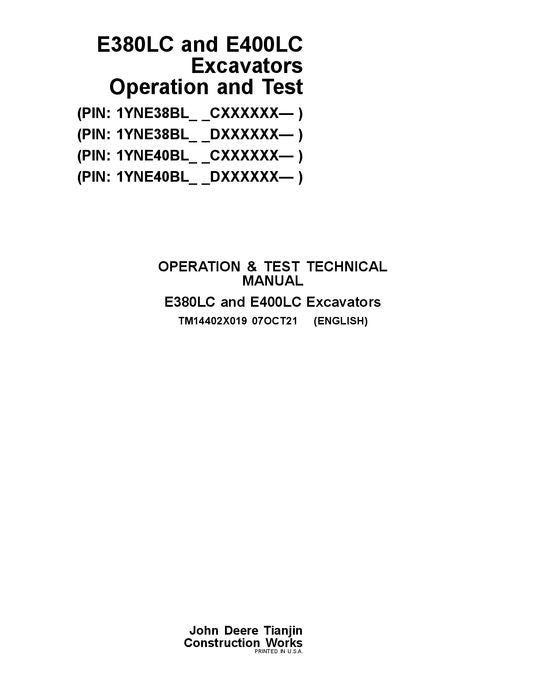 JOHN DEERE E380-II E400-II EXCAVATOR OPERATION TEST SERVICE MANUAL