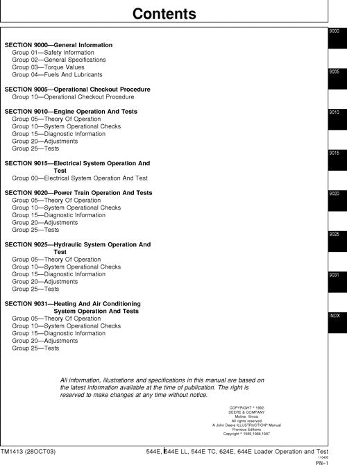 JOHN DEERE 544E 544ELL 544ETC 624E 644E LOADER OPERATION TEST SERVICE MANUAL