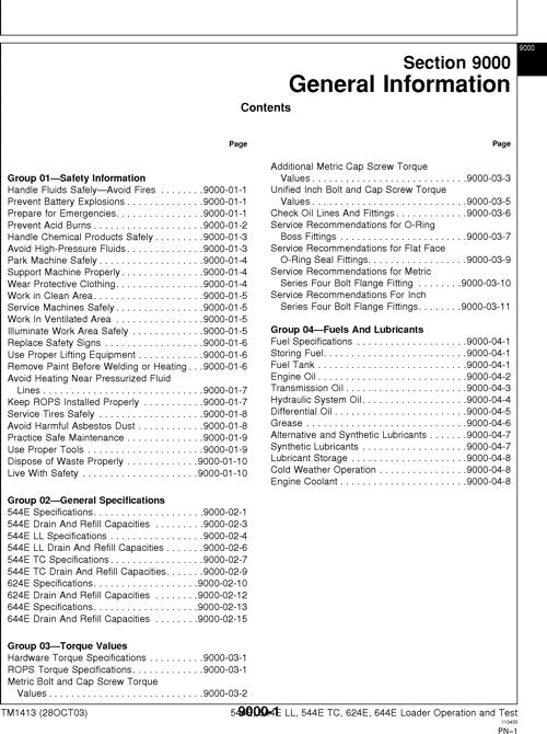 JOHN DEERE 544E 544ELL 544ETC 624E 644E LOADER OPERATION TEST SERVICE MANUAL