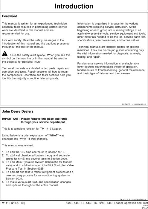 JOHN DEERE 544E 544ELL 544ETC 624E 644E LOADER OPERATION TEST SERVICE MANUAL